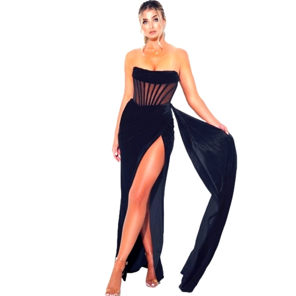 Black Corset High Slit Velvet Gown Sexy Winter Dress Women's Formal - Picture 3 of 16